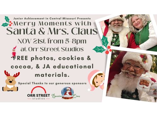 Images of Santa, Mrs. Clause, tree , holly, and reindeer