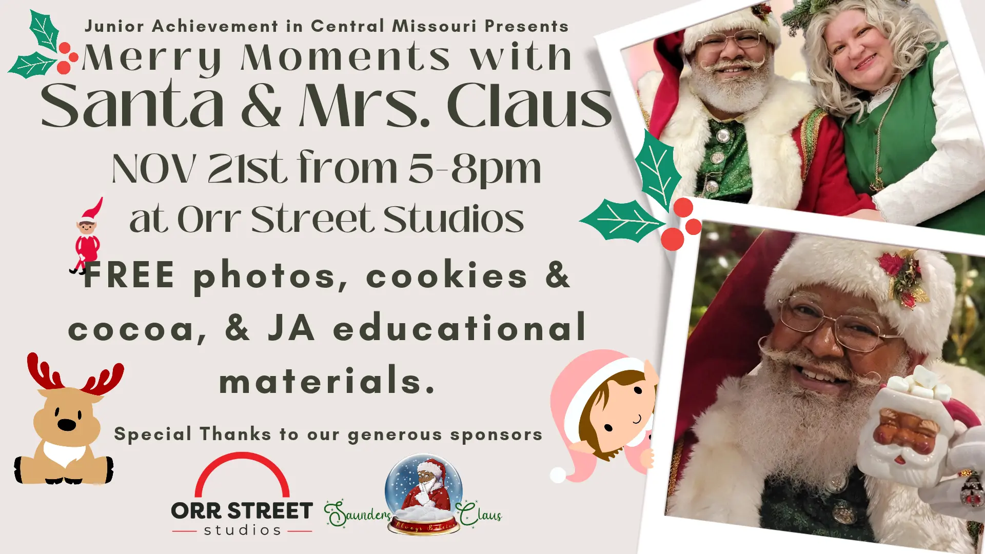 Images of Santa, Mrs. Clause, tree , holly, and reindeer