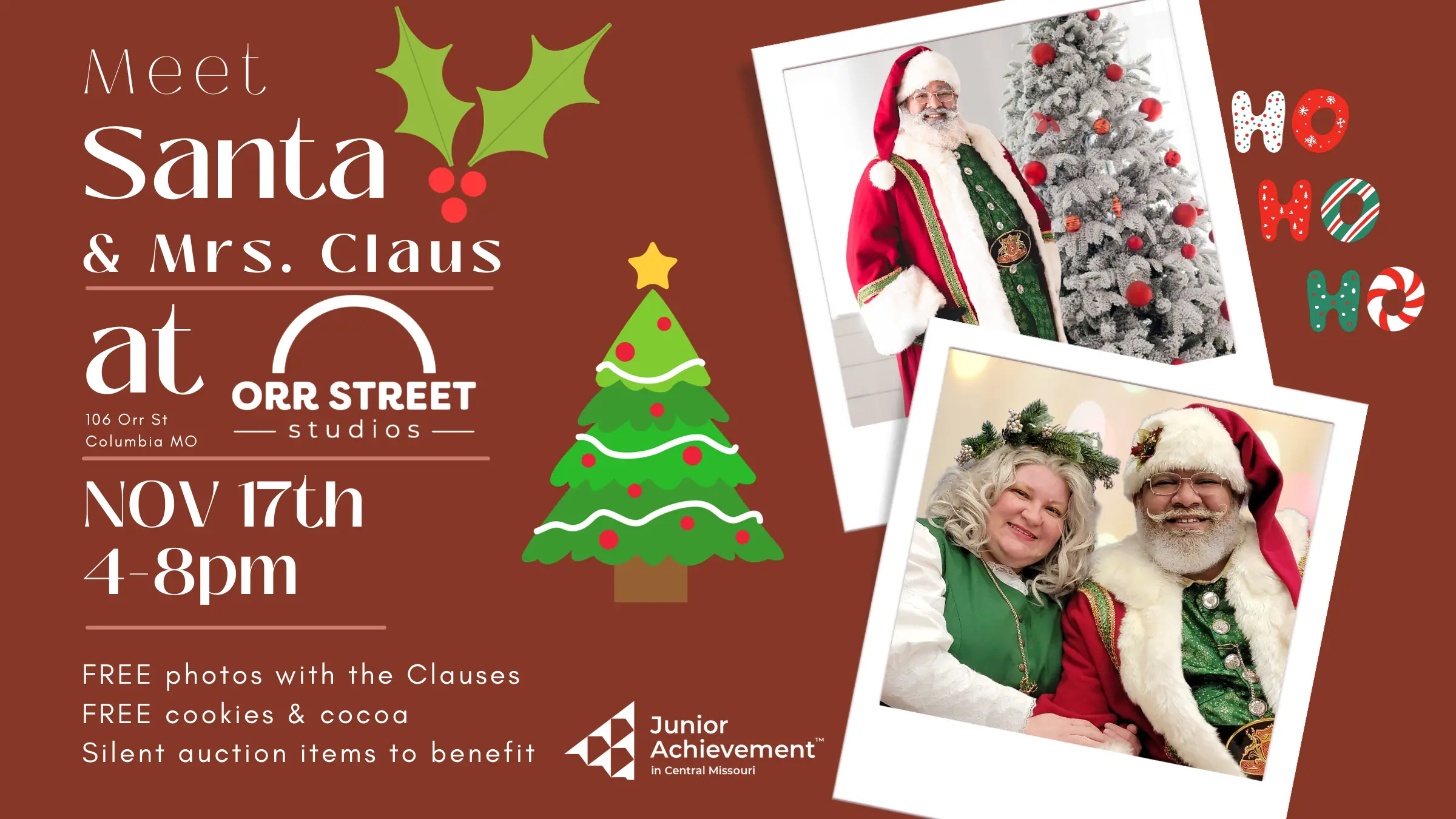 Images of Santa, Mrs. Clause, tree , and holly