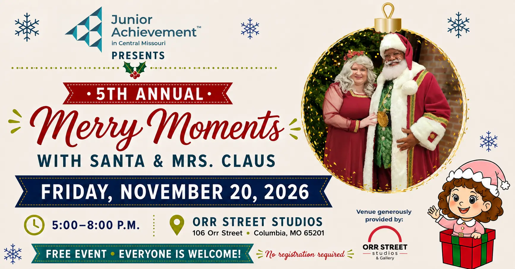 Images of Santa, Mrs. Clause, tree , holly, and reindeer